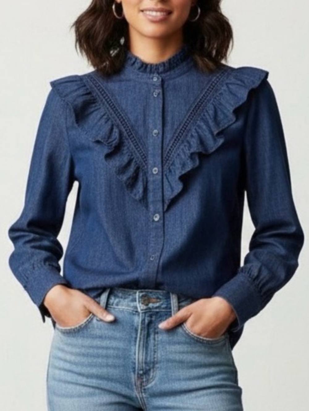Kate Spade Ruffle Yoke Chambray Button Up Shirt XXL